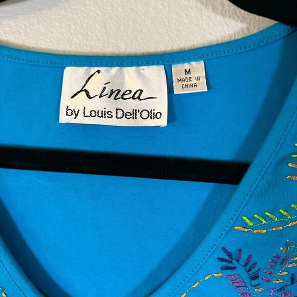Linea by Louis Dell'Olio Blue Embroidered Floral Blouse Size Medium - Picture 2 of 4